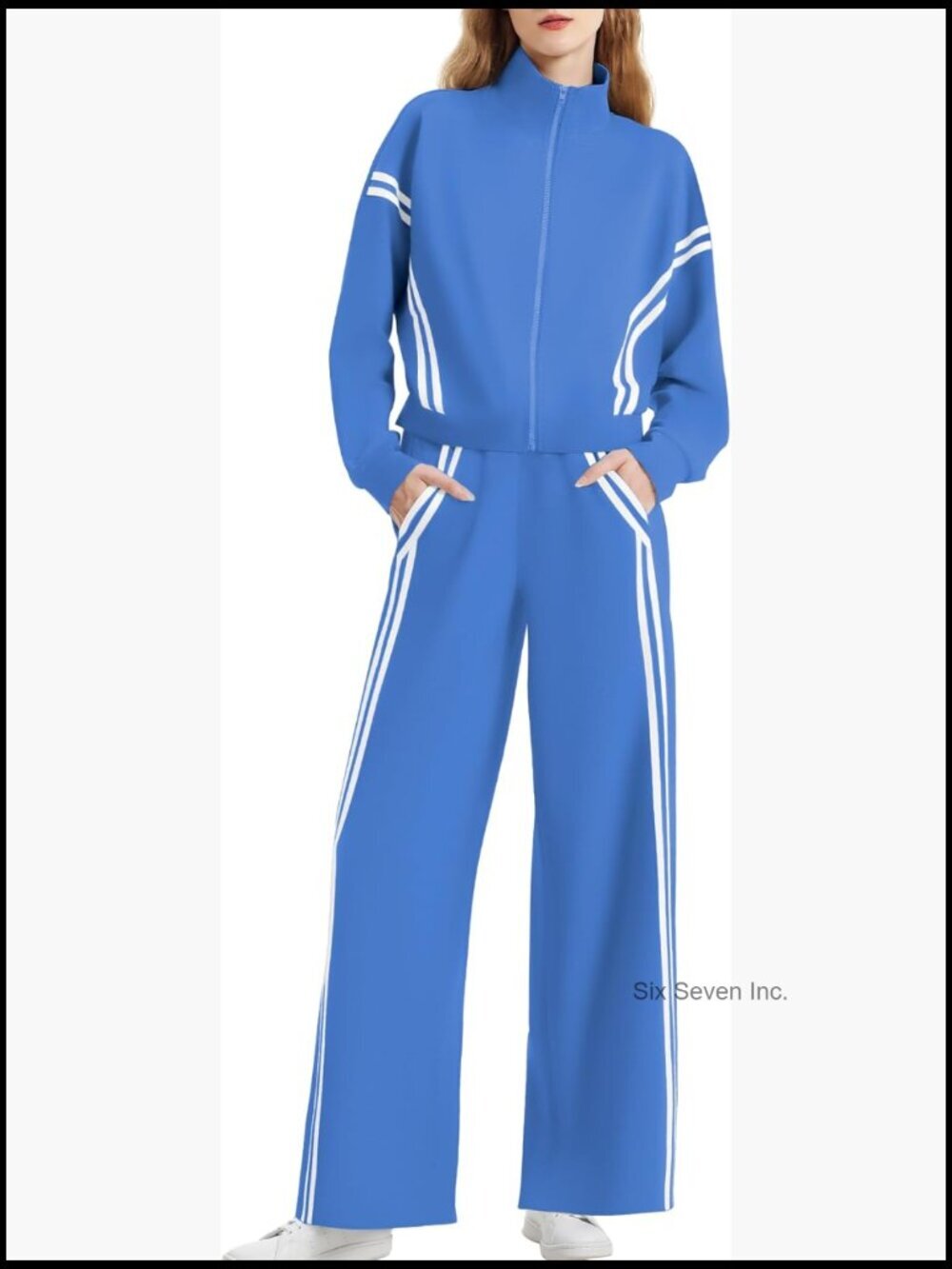 Women's 2 Piece Lounge Zip Up Sweat Set Contrast Striped Wide Leg Jogging